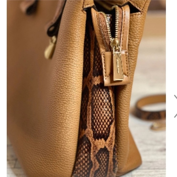 MICHAEL KORS Rollins Python and Tan Acron Leather Satchell Purse Chestnut Brown - Picture 6 of 15